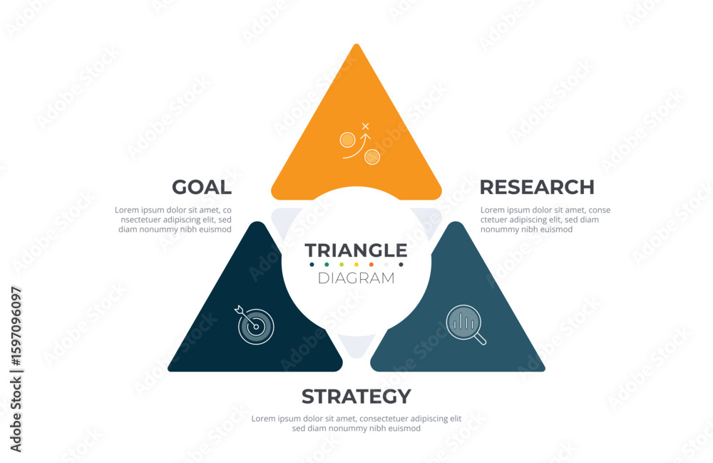 Poster triangle infographic 3 way chart. diagram information label with 3 option