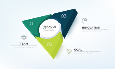 Triangle infographic 3 way chart. Diagram information label with 3 option