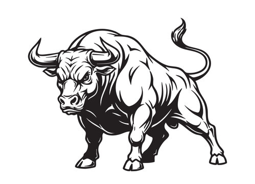 Powerful and muscular bull illustration, ideal for strength, finance, or sports themes. Animal.