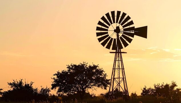 A silhouette of a windmill stands tall against the warm hues of a sunset sky. The windmill's blades are defined, a testament to sustainable energy and rural landscapes