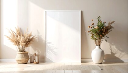 Blank Picture Frame Mockup in Boho Styled Living Room with Plants  Sunlight.
