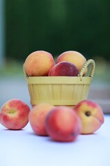 Peaches in a basket on a green background, summer