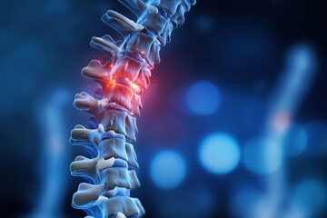 Abstract blurred background with human spine highlighted in red against dark blue, symbolizing back pain and medical treatment concepts for healthcare or advertising