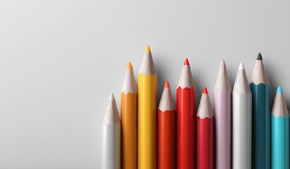 Vibrant colorful pencils arranged in an upward trend on a neutral grey background, symbolizing growth in education and creativity, with ample copy space for branding or design concepts