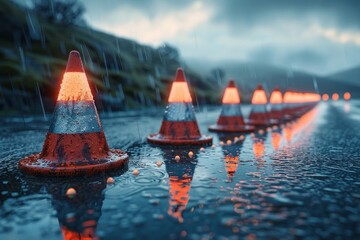 Bright orange traffic cone positioned on a road for safety and directional guidance