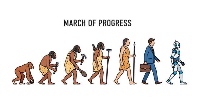 Illustration depicting the evolution of man from ape to modern businessman to robot, labeled "March of Progress".