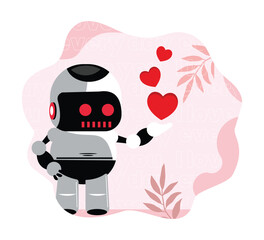 Cute robot holding red hearts with love and happiness theme.
