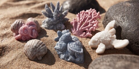 Oceanic figurines and shells on sand