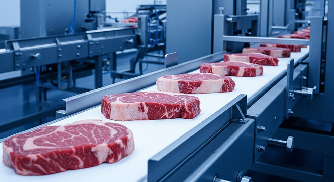 Fresh rib eye steaks moving along conveyor belt in meat processing plant
