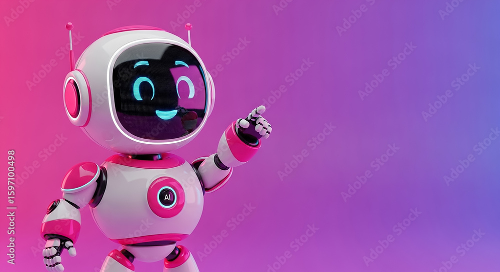 Poster friendly pink ai robot pointing with finger on gradient background