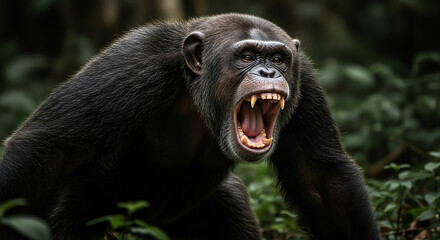 Chimpanzee showing teeth and screaming in the forest