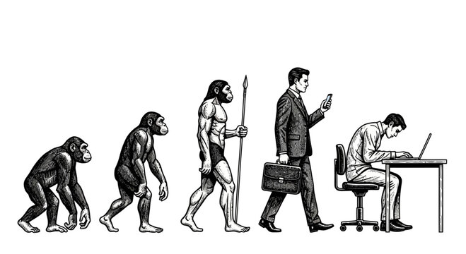 Illustration depicting human evolution from ape to hunched office worker using a laptop and phone.