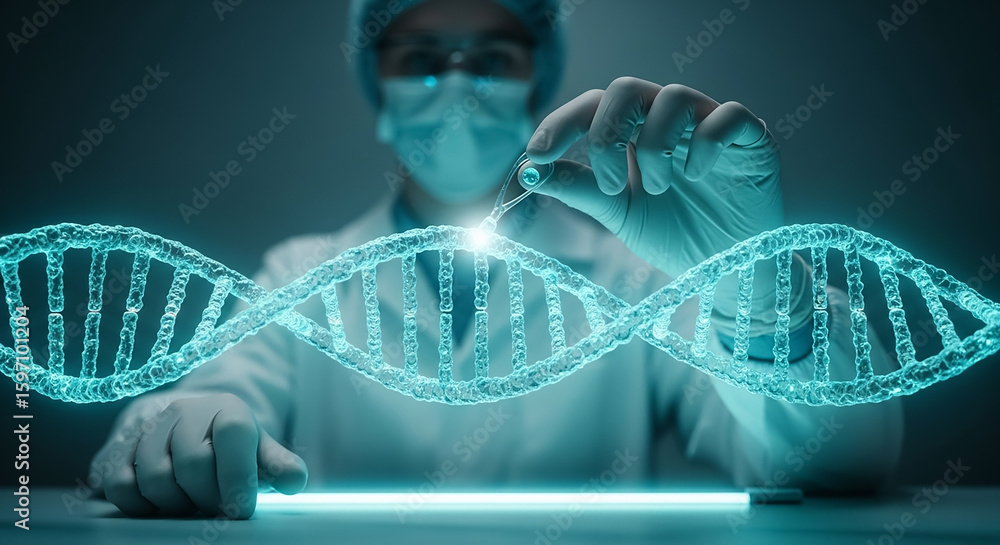 Poster scientist modifying dna structure using innovative techniques in laboratory