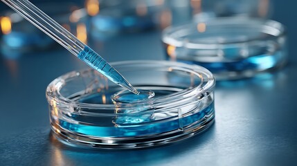 A pipette dispenses a blue liquid into a petri dish, symbolizing scientific research and laboratory experiments.