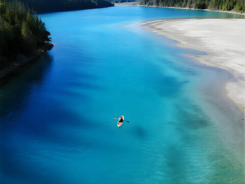 Aerial View of Tranquil Lake with Turquoise Waters and Lone Kayaker