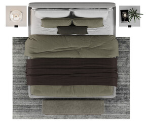 Top view of modern double bed with pillows, blanket, nightstands and carpet isolated on transparent background
