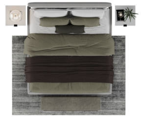 Top view of modern double bed with pillows, blanket, nightstands and carpet isolated on transparent background