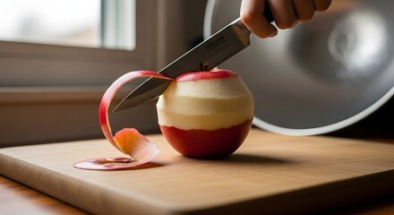 Hand peeling fresh red apple on wooden board