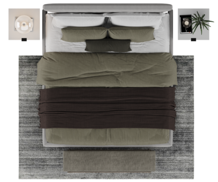 Top view of modern double bed with pillows, blanket, nightstands and carpet isolated on transparent background