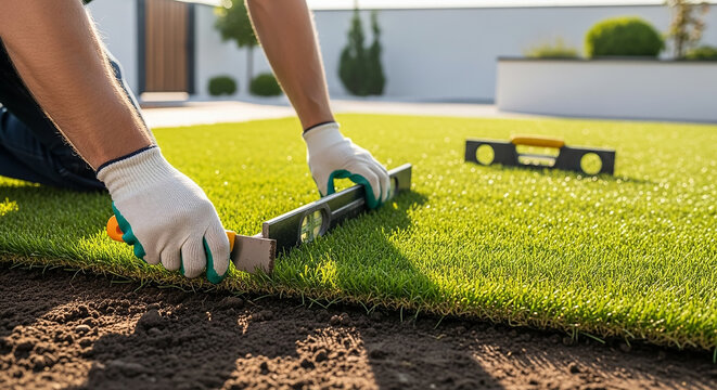 Gardener laying artificial grass carpet with spirit level in garden
