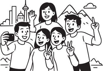 Black and White Cartoon Vector of Friends Taking Selfies Together