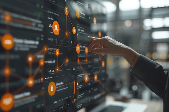 Businessman interacting with ai, exploring generative ai, robotics, and data analytics solutions