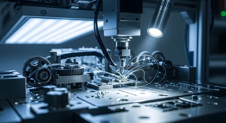 Fototapeta premium Robotic Automation Assembling Electronic Components on Circuit Board