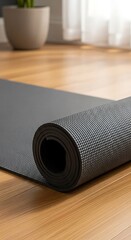 Rolled Yoga Mat on Wooden Floor for Fitness and Wellness in a Bright Room (Studio Shot)