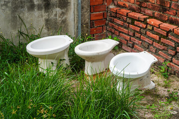 A trio of aged, discarded ceramic toilet bowls stand amidst tall grass, blending decay and nature against a brick wall, symbolizing neglect and obsolescence in an outdoor setting.