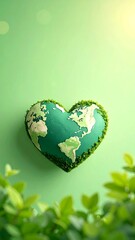 Heart-shaped Earth, covered in greenery, on a light green background