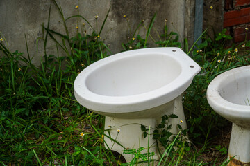 A juxtaposed scene featuring a discarded white ceramic item amid overgrown green grass and small yellow flowers, creating an image of decay and nature reclaiming urban waste.