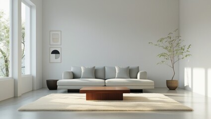 Modern living room interior with light beige couch and wooden coffee table.