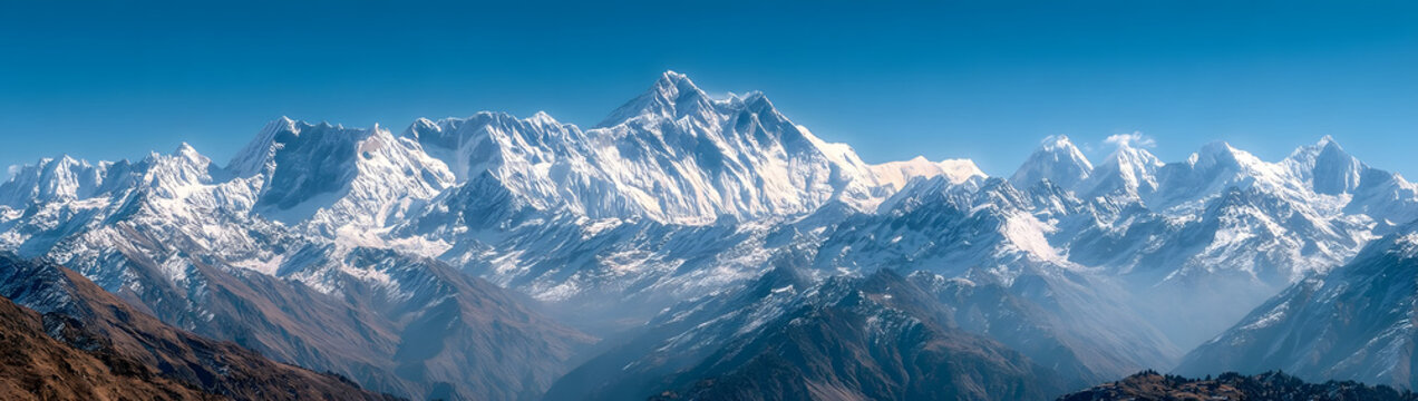 majestic himalayan mountain range with snow capped peaks and clear blue sky - scenic landscape graphy of the himalayas