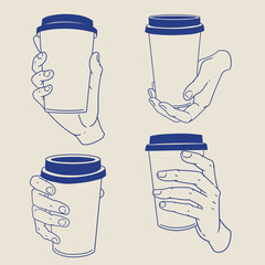 Original illustration set of a hand holding a glass of hot beverage, hand-drawn in a minimalist style. Posters, cards, cafe menus, and graphic design.