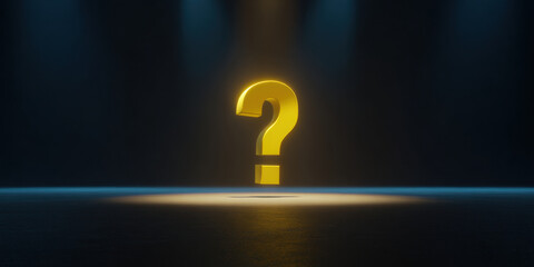 Glowing yellow question mark illuminated in dark space, evoking curiosity and mystery