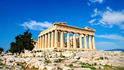 Fototapeta premium Ancient Greek temple on hilltop under a blue sky