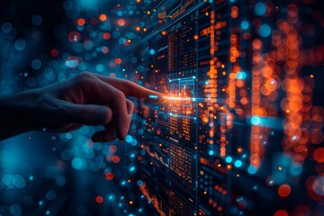 Robot hand pointing at forex chart with human hand in blurry blue background  ai meets finance