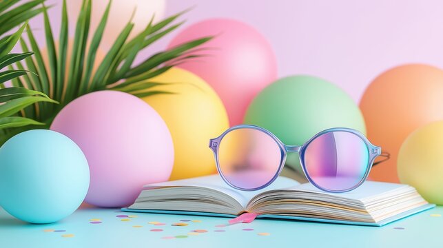 Colorful summer scene with round glasses on an open book, pastel balloons, green palm leaves, and confetti, perfect for creative learning, holiday, kids’ parties, or playful lifestyle concepts.