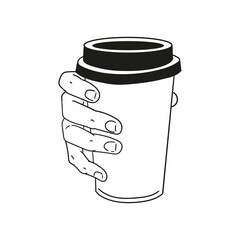 Original illustration of a hand holding a glass of hot beverage, hand-drawn in a minimalist style. Posters, cards, cafe menus, and graphic design.