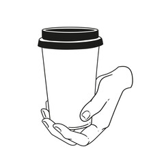 Original illustration of a hand holding a glass of hot beverage, hand-drawn in a minimalist style. Posters, cards, cafe menus, and graphic design.