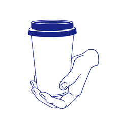 Original illustration of a hand holding a glass of hot beverage, hand-drawn in a minimalist style. Posters, cards, cafe menus, and graphic design.