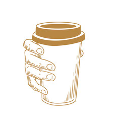 Original illustration of a hand holding a glass of hot beverage, hand-drawn in a minimalist style. Posters, cards, cafe menus, and graphic design.