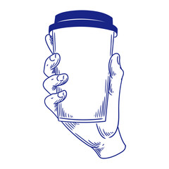 Original illustration of a hand holding a glass of hot beverage, hand-drawn in a minimalist style. Posters, cards, cafe menus, and graphic design.