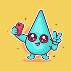 happy water drop character mascot taking a selfie with a smartphone isolated cartoon 
