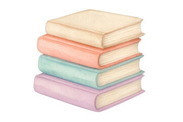 Pastel watercolor book stack, four volumes layering softly against transparent background, highlighting literary design elements