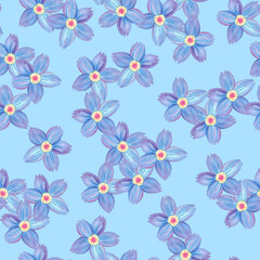 Seamless blue flower pattern background. Forget-me-not endless backdrop. Hand drawn floral watercolor repeating illustration for textile, wrapping, wallpaper, fabric, paper, cover, decor, fashion