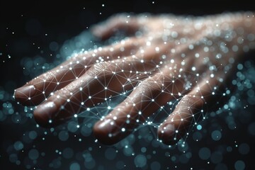 Futuristic tablet interaction  hand engaging with holographic ai icon on a digital blue background