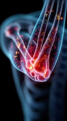 Medical visualization of a diseased elbow joint, highlighting inflammation and arthritic pain.
