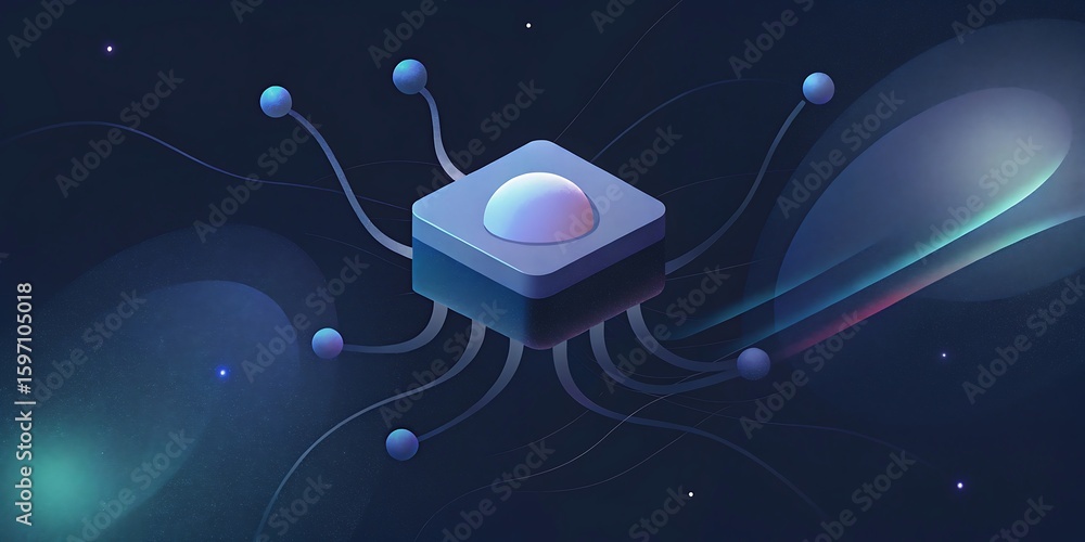 Poster an abstract illustration of a futuristic processor chip with glowing elements and connecting wires.