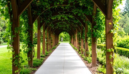 Obraz premium Wooden archway walkway through greenery